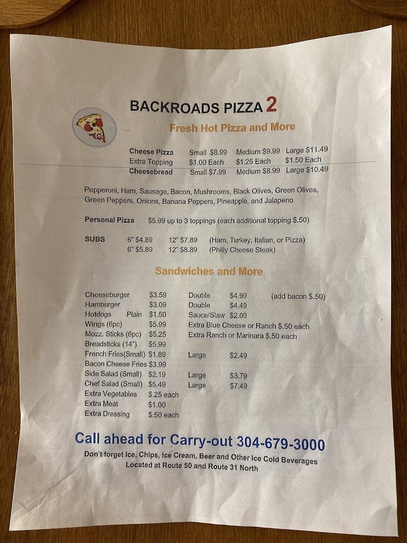 Back Roads Pizza 2 Menu